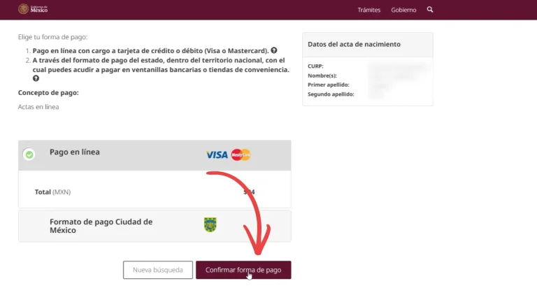 Pagar cuota Online (card/SPEI) or reference. Track at https://www.gob.mx/ActaNacimiento/folioSeguimiento/ Pagar cuota
Online (card/SPEI) or reference. Track at https://www.gob.mx/ActaNacimiento/folioSeguimiento/