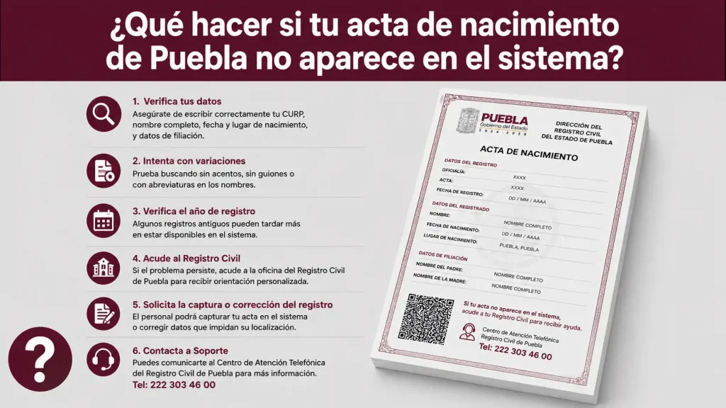 Qué hacer si tu acta de nacimiento de Puebla no aparece en el sistema