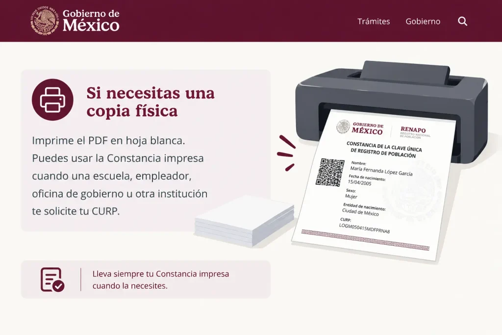 Paso 5: Imprime tu CURP Si necesitas una copia física, imprime el PDF en hoja blanca. Puedes usar la Constancia impresa cuando una escuela, empleador, oficina de gobierno u otra institución te solicite tu CURP. Paso 5: Imprime tu CURP
Si necesitas una copia física, imprime el PDF en hoja blanca. Puedes usar la Constancia impresa cuando una escuela, empleador, oficina de gobierno u otra institución te solicite tu CURP.
