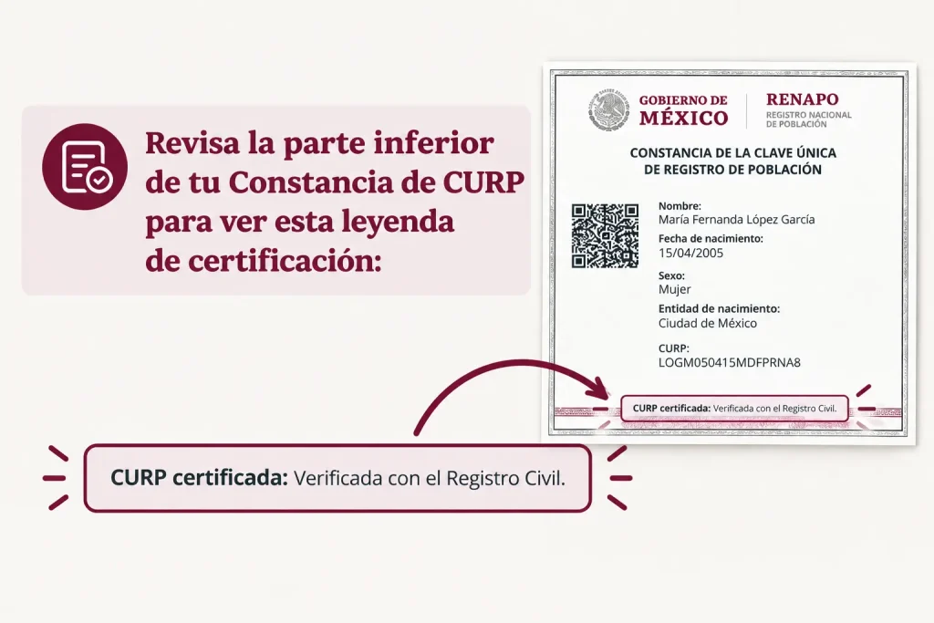 Paso 6: Verifica si tu CURP Está Certificada Revisa la parte inferior de tu Constancia de CURP para ver esta leyenda de certificación: "CURP certificada: Verificada con el Registro Civil." Si esta leyenda aparece, tu CURP ha sido certificada contra el registro correspondiente del Registro Civil. Paso 6: Verifica si tu CURP Está Certificada
Revisa la parte inferior de tu Constancia de CURP para ver esta leyenda de certificación: "CURP certificada: Verificada con el Registro Civil." Si esta leyenda aparece, tu CURP ha sido certificada contra el registro correspondiente del Registro Civil.