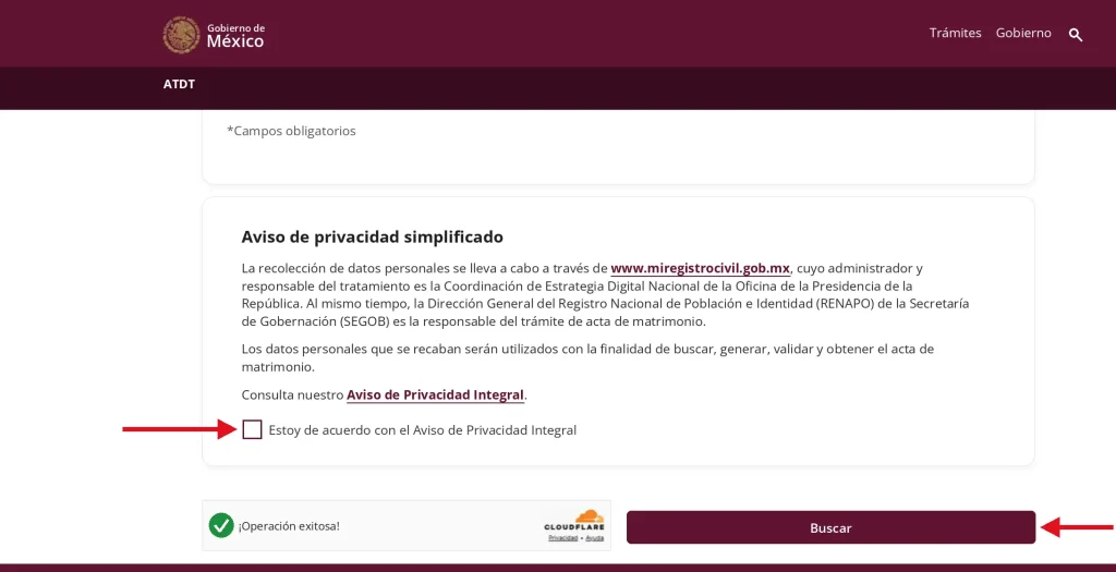 Paso 7: Acepta el Aviso de Privacidad 
Selecciona la casilla del Aviso de privacidad integral.
Después da clic en Buscar.