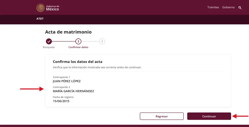 Paso 8: Confirma tus Datos
Si la información coincide con el registro, pasarás al Paso 2: Confirmar datos.
Revisa la información que aparece y da clic en Continuar.