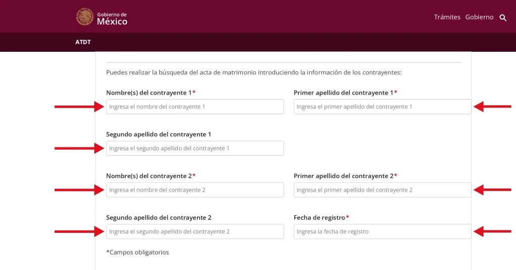 Paso 6: Ingresa los Datos del Matrimonio 
Llegarás al Paso 1: Búsqueda.
Ingresa la información requerida de ambos cónyuges:
Nombre completo y apellidos del Cónyuge 1
Nombre completo y apellidos del Cónyuge 2
Fecha de registro
Revisa bien toda la información para asegurarte de que no haya errores de captura.