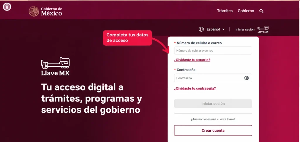Paso 5: Inicia Sesión con Llave MX
Ingresa el número de teléfono o correo electrónico asociado a tu cuenta de Llave MX.
Luego, ingresa tu contraseña y haz clic en Iniciar sesión.