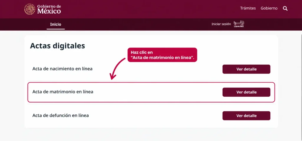 Paso 2: Selecciona el Trámite de Acta de Matrimonio  
Después de seleccionar tu estado, aparecerán los trámites disponibles. Selecciona Acta de matrimonio para continuar con el proceso en línea del acta de matrimonio.