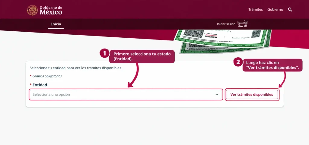 Paso 1: Selecciona tu Estado Entra al portal oficial de Mi Registro Civil.
En la página de inicio, selecciona el estado (Entidad) donde se registró tu matrimonio.
Después da clic en Ver trámites disponibles.